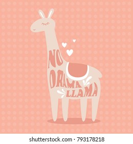 Background with lama, hearts, english text. No drama, llama, poster design. Backdrop vector with lettering, animal. Decorative hand drawn illustration. Save the date card. Happy alpaca