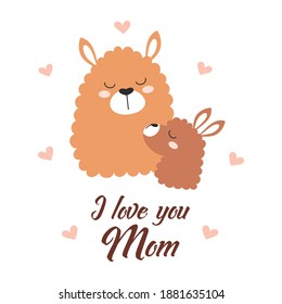 background with lamas, heart, english text I love you mom, poster design, llama, decorative illustration, baby and mother, mothers day, happy alpacas