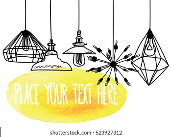 
Background with lamps and chandeliers. Drawing by hand, a child's drawing. Modern ceiling lights in a loft style.