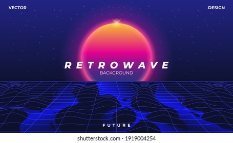 Background Landscape 80s Styled. Synthwave, retrowave, cyber neon with copy space.