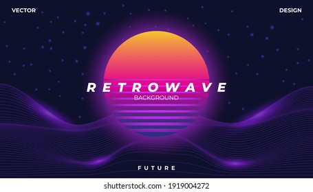 Background Landscape 80s Styled. Synthwave, retrowave, cyber neon with copy space.