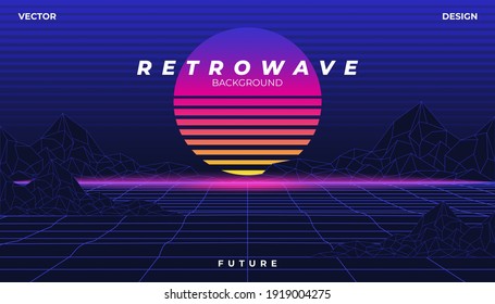 Background Landscape 80s Styled. Synthwave, retrowave, cyber neon with copy space.