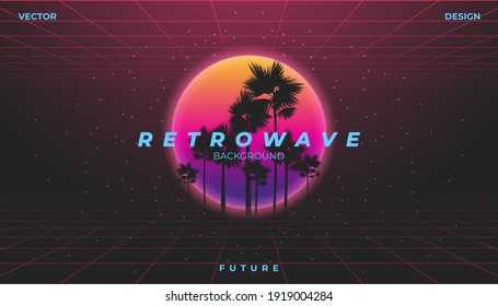 Background Landscape 80s Styled. Synthwave, Retrowave, Cyber Neon With Copy Space.