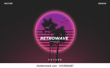 Background Landscape 80s Styled. Synthwave, retrowave, cyber neon with copy space.