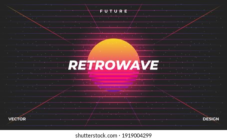 Background Landscape 80s Styled. Synthwave, retrowave, cyber neon with copy space.