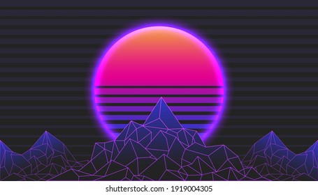 Background Landscape 80s Styled. Synthwave, retrowave, cyber neon with copy space.