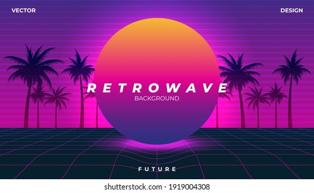 Paisaje de fondo 80 con estilo. Synthwave, retrowave, neón cibernético con espacio de copia.