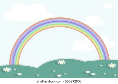 Background with landscape below on blue sky. Green hills, valley with white daisies, clouds, rainbow. Modern flat design element, stock vector illustration