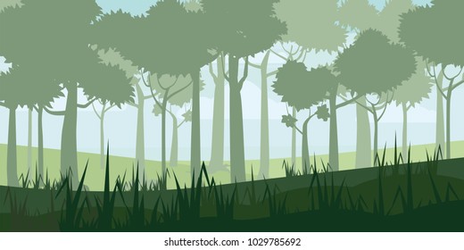 Background of landscape with deep deciduous forest. Cartoon style. Vector, illustratoin
