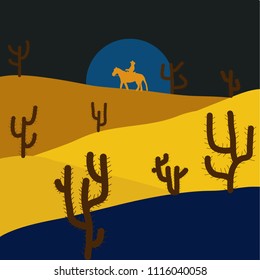 Background of landscape with desert and cactus on gray, yellow and blue colors. Sunset on a background of a mountain landscape. Vector game graphic.