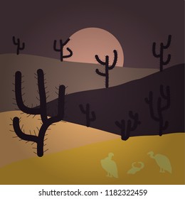 Background of landscape with desert and cactus on brown, yellow and purple colors. Sunset on a background of a mountain landscape. Vector game graphic.
