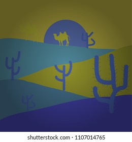 Background of landscape with desert, cactus, rocks, hills, mountains. Landscape on blue, yellow and violet colors. Cartoon flat game graphic. Sunset on a background of a mountain landscape.