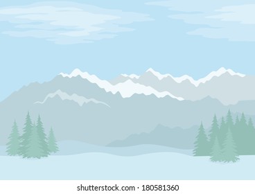 Background landscape with far mountains and blue sky with clouds in the distance, fir trees and snowdrifts. Vector