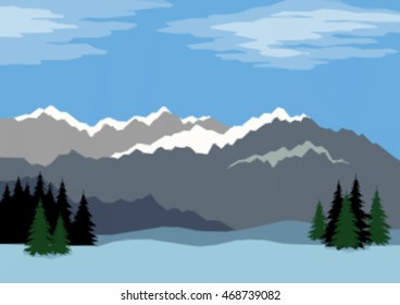 Background Landscape with Far Mountains and Blue Sky with Clouds in the Distance, Fir Trees and Snowdrifts. Low Poly Illustration. Vector