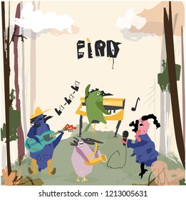 Background of landscape with forest. Cartoon music birds. Flat vector illustration. Music festival. 