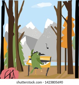Background of landscape with forest. Cartoon music birds. Flat vector illustration. Music festival. 