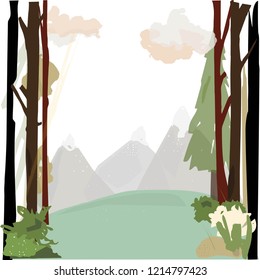 Background of landscape with forest and mountains. Cartoon style. Flat vector illustration.