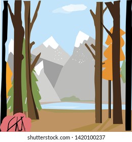 Background of landscape with forest and mountains. Cartoon style. Flat vector illustration. Autumn.