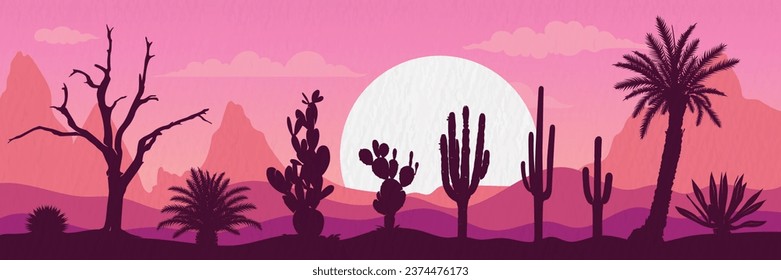 Background Landscape illustration of Desert with Desert plants, desert trees, cactus, coconut tree, palm, Century plant, Thompson yucca, prickly pear.
