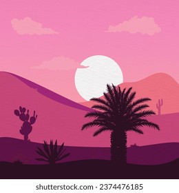 Background Landscape illustration of Desert with Desert plants, desert trees, cactus, coconut tree, palm, Century plant, Thompson yucca, prickly pear.