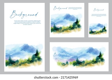 background landscape mountain watercolour for set design. Business card, postcard, painting poster, web page. set watercolour mountain