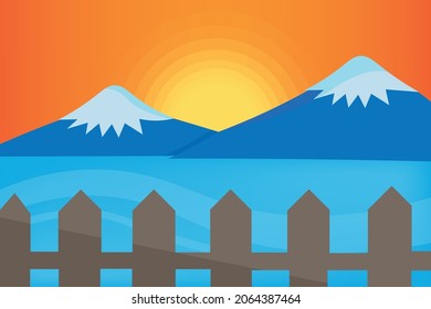 Background of Landscape. Mountains, ascending or a sitting down sun. Fence and Water, Natural concept