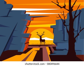 Background of landscape with mountains and deer