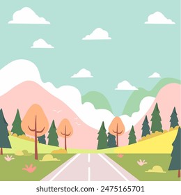 Background of the landscape. The road in the green valley, mountains, hills, clouds and the sun in the sky. Flat style of illustration of spring or summer nature. Vector illustration