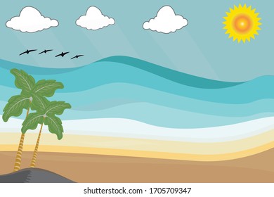 Background landscape with sand, ocean waves and sun.  vector illustration