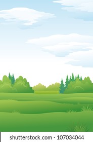 Background landscape, summer green forest and blue sky with clouds. Vector