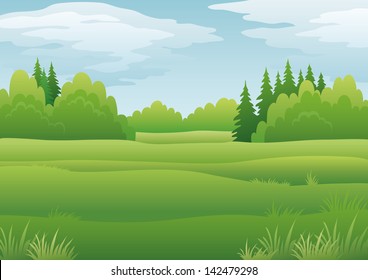 Background landscape, summer green forest and blue sky with clouds. Vector
