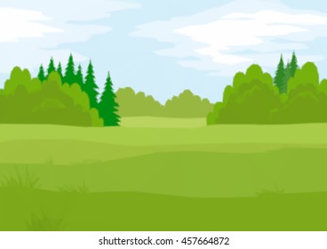 Background Landscape, Summer Green Forest with Fir and Deciduous Trees and Blue Sky with Clouds. Low Poly Illustration. Vector