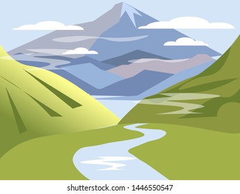 Background, landscape. Valley of hills with river and mountains. In minimalist style Cartoon flat vector Illustration