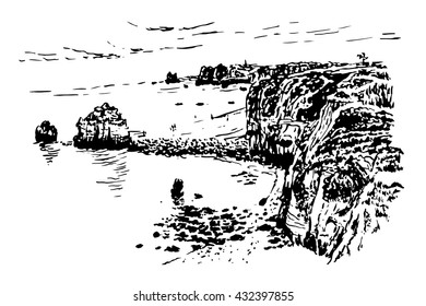 background landscape view of the golden coast caves and coastal islands in Lagos, ink sketch graphics vector illustration