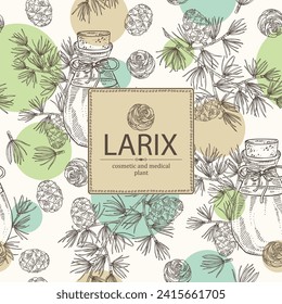 Fondo con larix: árbol de larvas, rama, cono de larca y botella de aceite esencial de larix. Planta cosmética, perfumería y médica