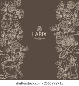 Background with larix: larch tree, larix branch and larch cone. Oil, soap and bath salt . Cosmetics and medical plant. Vector hand drawn illustration