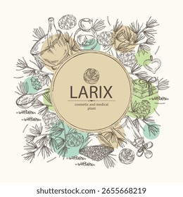 Fondo con larix: árbol de alerce, rama de larix y cono de alerce. Aceite, jabón y sal de baño. Cosméticos y planta médica. Vector dibujado a mano ilustración