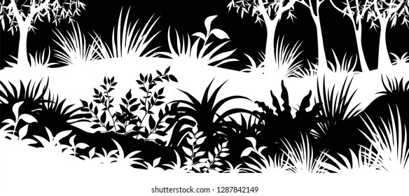 Background laser cutting plants forest. Silhouette leafs trees and grass. Vector illustration.