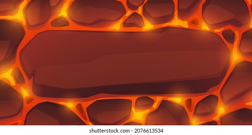 Fondo de lava con piedras. Cartel con patrón abstracto de erupción volcánica con magma caliente fundido. Dibujo de dibujos animados de vectores de lava líquida fluida en rocas