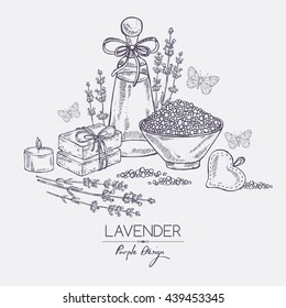 Background with lavender, bath salt, perfume,  soap and butterfly. hand drawn