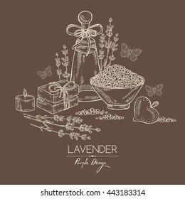 Background with lavender, bath salt, perfume, soap and butterfly. hand drawn