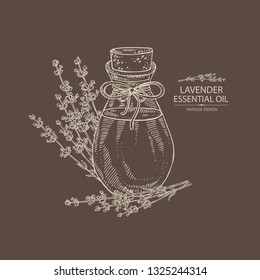 Background with lavender and bottle of lavender essential oil. Cosmetic, perfumery and medical plant. Vector hand drawn