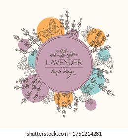 Background with lavender and butterfly: twig, lavender flowers and leaves. Perfumery, cosmetics and medical plant. Vector hand drawn illustration. 