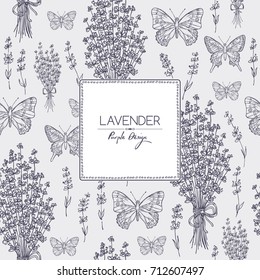 Background with with lavender and butterfly. Vector hand drawn illustration.