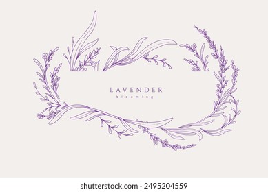 Background with lavender calligraphic design elements and graceful branches. Wedding wildflowers for invitation save the date card. Botanical feminine rustic vector illustration