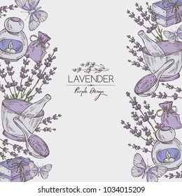 Background with lavender, essential oil, soap and butterfly. Vector hand drawn illustration