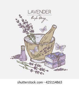 Background with with lavender, essential oil, soap and butterfly. hand drawn