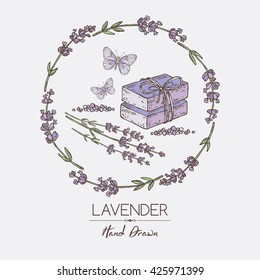 Background with with lavender, essential oil, soap and butterfly. hand drawn