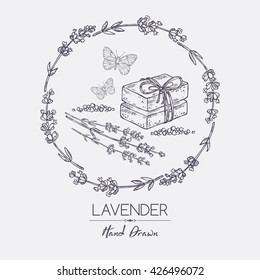 Background with with lavender, essential oil, soap and butterfly. hand drawn