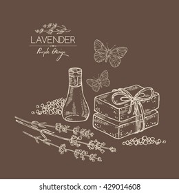Background with with lavender, essential oil, soap and butterfly. hand drawn